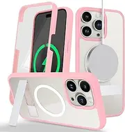Cavor for iPhone 15 Pro Max Case 6.7'' 360° Full Body Protective Case with Kickstand and Built-in Screen Protector Clear TPU PC Bumper Support Magsafe Charging Shockproof Phone Cover-Pink