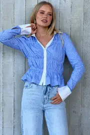 Blue Stripe Shirred Shirt Long Sleeve Button Up - Size 6XXS, Women's Shirt