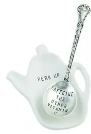 Mud Pie PERK UP Coffee Pot Shaped Individual Tabletop Plate and Spoon Rest Set