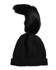 Dolce & Gabbana Knit Wool Beanie with Tail Pompom Women Black Hats