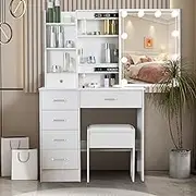 Buildonely Vanity Table, 3 Color Light Settings Sliding Mirror Vanity Set with Cushioned Stool, Makeup Table with Drawers, Cabinets and Stool for Girls and Women, White
