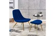 Velvet Accent Chair and Velvet Ottoman Stool With Gold Chromed Frame NAVY BLUE