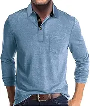 [Envmb] Mens Polo Shirts Casual Long Sleeve Classic Cotton Shirts Fashion Button Collared Basic Golf T Shirt