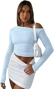 [ABEHIK] Women's Off Shoulder Crop Top Sexy Long Sleeve Basic Y2K Skims Top Summer Slim Fit Top Casual T-Shirt, lightblue, M