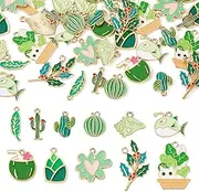 [Boutigem] 44Pcs Spring Green Theme Assorted Enamel Charms Green Cactus Leaf Bamboo Shoots Watermelon Coconut Flower Potted Cat Fish Charms Cute Cartoon Metal Charms for DIY Crafts Jewelry Making,