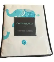 Cynthia Rowley Decorated Elephant Fabric Shower Curtain Blue & White 72" New