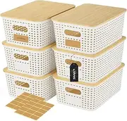 Vivva 6 Pack Plastic Storage Baskets With 30pcs Labels Bamboo Lid Containers Stackable bins for Organizing Shelves Drawers Desktop Closet Playroom Classroom Office (White)