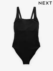 Black Textured Tummy Control Wired DD+ Square Neck Swimsuit (T25465) | $84