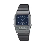 Casio Duo Retro Colour Dual Time Alarm StopwatchBlack Face Black Ip Stainless Steel Band AQ800EB-2A