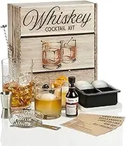 Whiskey Cocktail Kit: Rocks Drinking Glass Set | 750ml Crystal Mixing Glass | Ice Cube Mold | Stainless Bar Spoon Stirrer w/Muddler, Strainer, Jigger, Garnish Picks | Aromatic Hella Bitters | Recipes