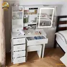 Dressing Table Stool Set With Smart LED Sliding Mirror Wooden Makeup Vanity Desk