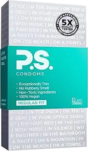 P.S. Condoms Exceptionally Thin Latex Condoms for Men - Odorless and 100% Vegan - Ultra Thin Lubricated Condom - 40% Thinner and Transparent - 12 Pack