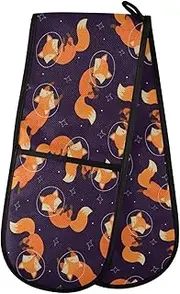 Long Double Oven Mitts, Fox Animal Space Heat Resistant Quilted Kitchen Oven Gloves with Loop Washable for Microwave Cooking Baking Grilling Barbecue, 7" x 35"