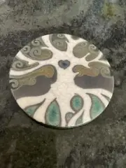 Handmade Signed Raku Pottery Tile Coaster 4" Crackle Glaze Tree of Life New