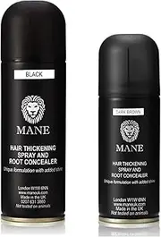 Mane Hair Thickening Spray & Root Touch Up, Instantly Thicker Hair for Men & Women, Fill in Hairlines and Hide Thinning and Fine Patches - 12 Colors (6.76 oz) (Black, 200ml)