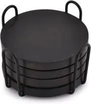 Acacia Wood Black Coaster Set of 4 with Iron Holder Coffee Table Décor Tabletop