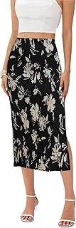 [Abaadlw] Maxi Skirts for Women with Slit Long Midi Length Floral Elastic Pleated Skirt for Party Holiday, Floral Black Brown, Large
