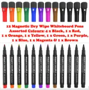 12 pack Assorted Colour Dry Wipe Whiteboard Erasable Marker Pens 1-2mm Tip