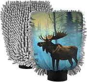 XYMZR Moose Blue Forest Absorbent Microfiber Car Wash Mitt, Funny Cute Anime Scratch Free for Cars Cleaning, Home Cleaning Mitts, 2 Pack, 10.24” L x 7.09” W