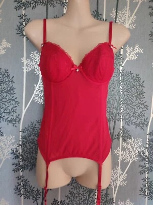 Ladies Red Lace Trimmed Suspender Basque / Corset Size 10 Burlesque Boudoir