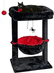 SYANDLVY Gothic Cat Tree with Coffin Bed for Indoor Cats, Activity Cat Tower with Scratching Post for Kittens, Cat Condo Furniture with Basket & Spider Hanging Ball for Play Rest, Halloween