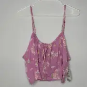 BP Adult Top 2X Purple Floral Keyhole Front Tie Tank Crop Women's Plus
