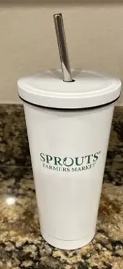 Sprouts Farmers Market White 20 oz Stainless Steel Cup With Straw Lid NEW