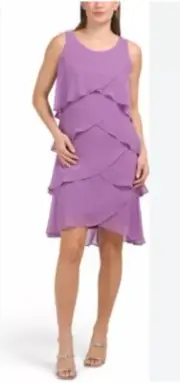 SLNY Tulip Tiered Chiffon Shift Dress Purple Rhinestones Accent Lined Women 6
