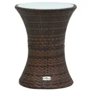 Garden Side Table PE Rattan Brown Drum-Shaped Tempered Glass Tabletop Furniture