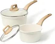 CAROTE 1.5Qt & 2.5Qt Sauce Pan Set with Lid Nonstick Saucepan 4 Pcs Non Stick Sauce Pots Cooking Pot with Pour Spout, Easy to Clean, Small Kitchen Pots Induction Pot, PFOA FREE (White Granite)