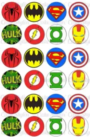 24 x SUPERHERO LOGOS Edible Wafer Paper Cupcake Toppers Cake HULK FLASH 4cm