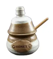 Handmade Pottery Honey Pot Jar with Wooden Dipper Stick Signed