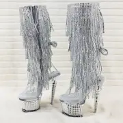 Spectator 2017 Silver Fringe Platform 7" High Heel Fringe Knee Boots NY