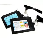 2 Black Leather ID CARD Holder Neck Strap Travel Name Tag Wallet Zip Key Ring