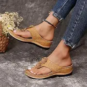 [HHZYT] Womens Sandals Casual Summer Slip on Slide Flip Flops with Flowers Ladies Flat Open Toe Dressy Comfy Sandals Slippers Comfortable Beach Shoes,Brown,US13/EU44