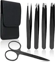 HOXHA Professional Stainless Steel Tweezers with Scissors, Set of 5 Best Precision Tweezers for Eyebrow, Fragment and Ingrown Hair Removal, with Leather Travel Case