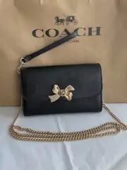 COACH Anna Foldover Clutch Chain Crossbody w Turnlock Bow Black F31480 NEW