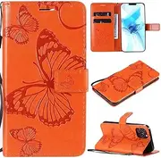 SATURCASE Case for Apple iPhone 12/12 Pro, Butterfly Embossing PU Leather Flip Magnet Wallet Stand Card Slots Hand Strap Protective Cover for Apple iPhone 12/12 Pro (BU-Orange)