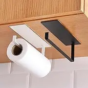 2 Pack Paper Towel Holder Self-Adhesive Wall Mounted Paper Towel Rack for Kitchen Heavy Duty Carbon Steel Paper Towels Rolls Holder Under Counter for Bathroom Cabinets Towel Bar Rack (Black+White)