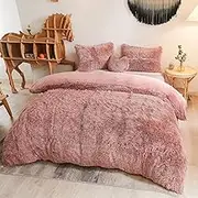 MEGO Luxury Shaggy Plush Duvet Cover Set, Soft 3 Pieces Fluffy Faux Fur Comforter Cover Set, Fuzzy Velvet Bedding Set Queen Size(1 Furry Duvet Cover + 2 Pillow Cases), Zipper Closure(Queen, Old Pink)