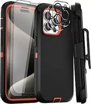 for iPhone 15 Pro Case 6.1" Belt-Clip Kickstand Holster with 2 Screen Protector + 2 Camera Lens Protector, Heavy Duty Military Grade Drop-proof Phone Case Cover (Black Orange+Clip)