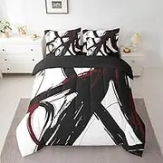 Feelyou Red Black Abstract Art Line Comforter Set with Sheets Modern Geometric Print 7 Piece Bedding Set Queen Size for Kids Boys Girls Minimalist Ink Line Bed in a Bag Soft Microfiber
