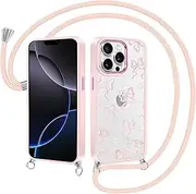 Transparent Mobile Phone Case for iPhone 16 Pro 6.3 Inch Case with Strap, Mobile Phone Chain, Aesthetic Bow Pattern Design, Protective Case with Cord for Hanging, Silicone TPU Shockproof Case