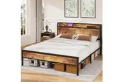 Advwin Bed Frame w/ Charging Station and USB Ports Storage Headboard Shelf Double/Queen