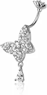 [Pierced Owl] 14GA 316L Stainless Steel CZ Crystal Butterfly with Dangling Teardrop Belly Button Ring