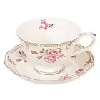 7.4oz Floral Porcelain Tea Cup and Saucer Set Coffee Cup with Gold Light Pink