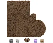 (3 Pieces Set w Cover, Coffee) - BYSURE Bathroom Rugs Sets 3 Piece, Coffee Bath Rugs Toilet Rugs U Shaped, Extra Absorbent Shaggy Chenille Bathroom Rugs So