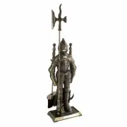 Fireplace Set Cast Iron Tools Brush Shovel Poker Midieval Statue Guard