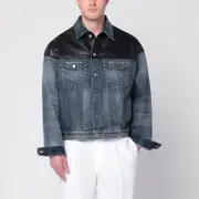 [Prada] Blue denim and black leather jacket M Blue