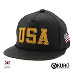 KURO-SHOP韓國進口 潮流新風格 黑色皮革材質 USA 貼布 棒球帽 板帽